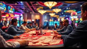 Menggambarkan suasana bandar togel yang energik dengan pemain dan tiket warna-warni.