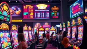 Menggambarkan pemain yang antusias dengan bandar toto 4d slot di latar belakang mesin slot berwarna.