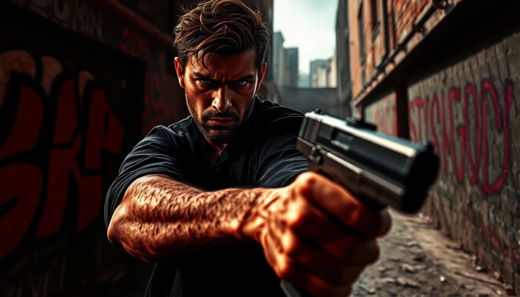 Dynamic scene from a Clean action thriller showcasing a determined protagonist ready for action.