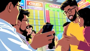 Permainan togel online yang menarik dengan pemain bersemangat memeriksa angka.