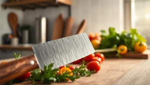 Learn how to choose a chef’s knife by examining a high-quality knife amid fresh ingredients.