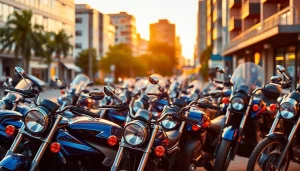 Motorrad verkaufen selbstbewusst in einer lebhaften Motorradhandlung.