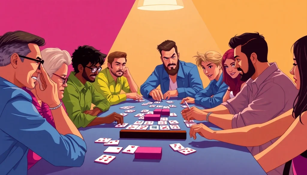 Experience intense competition in Ok Rummy with diverse players engaged at a colorful table.