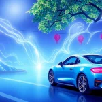 新車リースの魅力を体感する家族の風景、明るい空の下で新車を選ぶシーン。