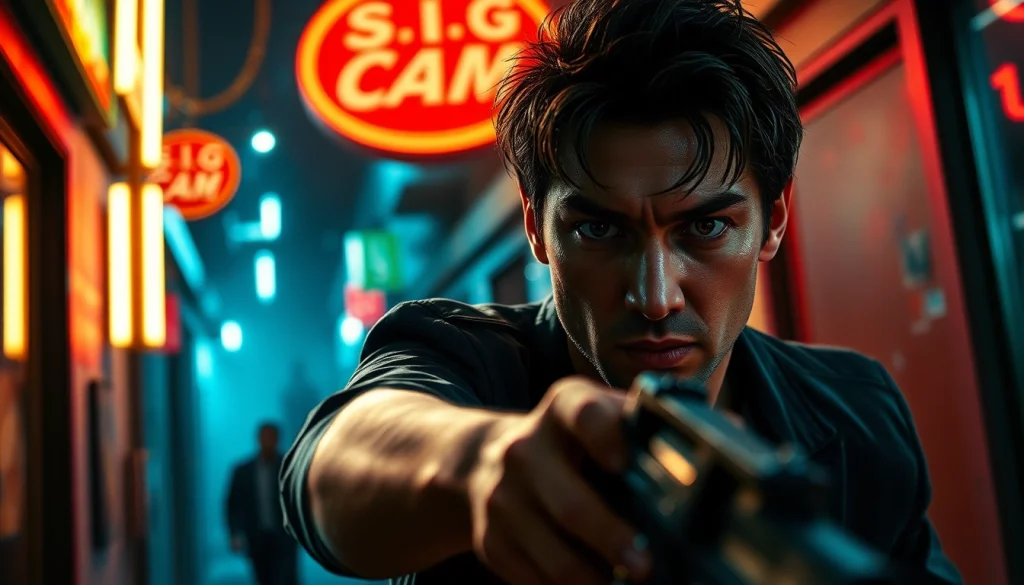 Protagonist in a Clean action thriller showcasing intense emotion in a dynamic urban setting.