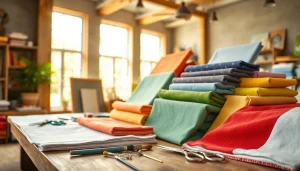 Canvas stoffen op een houten tafel met kleurrijke texturen en accessoires.