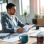 Florida Public Adjuster consulting clients in a bright office setting with documents and a laptop.
