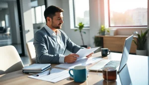 Florida Public Adjuster consulting clients in a bright office setting with documents and a laptop.