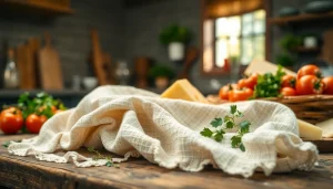 Gebruik van kaasdoek om ingrediënten te zeven en uitlekken in een rustieke keukenomgeving.