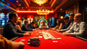Players at a poker table enjoy a thrilling moment while gambling at https://rr88.se.net/, showcasing chips and cards.