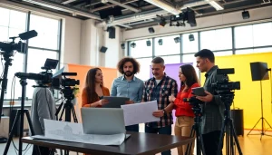 Showcasing a Creative Video Production Agency team collaborating on a video project in a modern studio.
