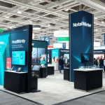 Showcasing a professionally designed trade show booth with striking graphics in a vibrant exhibition environment.