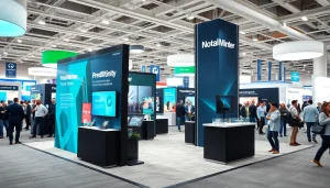 Showcasing a professionally designed trade show booth with striking graphics in a vibrant exhibition environment.