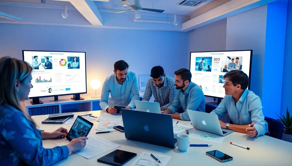 Professional workspace of a công ty thiết kế website with designers collaborating on modern web projects.