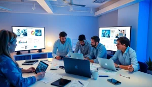 Professional workspace of a công ty thiết kế website with designers collaborating on modern web projects.