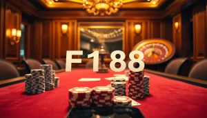 Experience the excitement of F168 with poker chips and a roulette wheel in a luxurious casino.