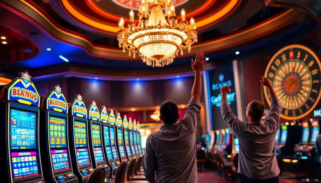 Players celebrate wins at vibrant slot machines in an exciting casino scene