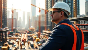 New York City Construction Manager supervising a busy construction site with cranes.