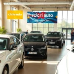 Chirie auto services in a modern rental office in Chișinău, featuring smiling staff and various vehicles available for rent.