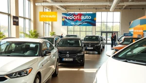 Chirie auto services in a modern rental office in Chișinău, featuring smiling staff and various vehicles available for rent.