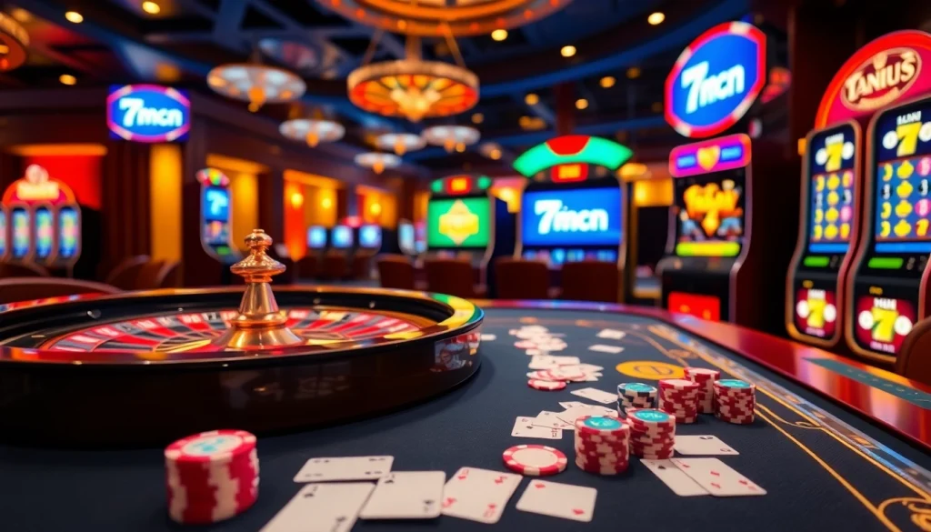 Engaging gamblers with live scores on 7mcn showcased in a vibrant casino atmosphere.