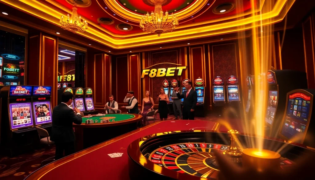 Experience the excitement of Nhà cái F8BET with an elegant casino scene featuring poker, slots, and roulette action.