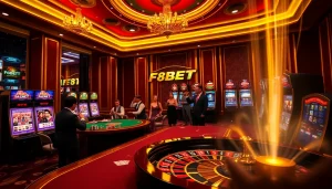 Experience the excitement of Nhà cái F8BET with an elegant casino scene featuring poker, slots, and roulette action.
