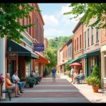 Clarksburg's vibrant main street with local community life and quaint shops