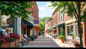 Clarksburg's vibrant main street with local community life and quaint shops