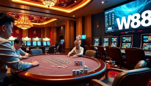 Players strategize at an upscale W88 casino table featuring vibrant poker chips and a dazzling roulette wheel.