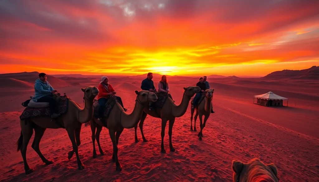 Agafay desert camel ride and dinner with a show, capturing a sunset backdrop and joyful riders.