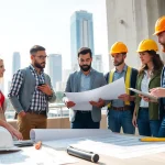 Showcasing construction advocacy carolinas, diverse professionals discuss plans in a vibrant urban environment.