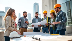 Showcasing construction advocacy carolinas, diverse professionals discuss plans in a vibrant urban environment.