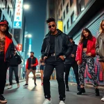 Models showcasing luxury streetwear brand outfits in an urban setting, stylish and vibrant.