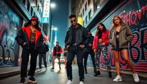 Models showcasing luxury streetwear brand outfits in an urban setting, stylish and vibrant.