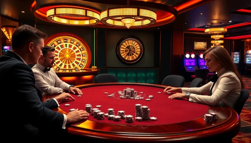 Exciting poker game scene at RR88 showcasing luxury and vibrant casino atmosphere.