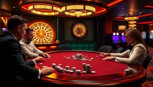 Exciting poker game scene at RR88 showcasing luxury and vibrant casino atmosphere.