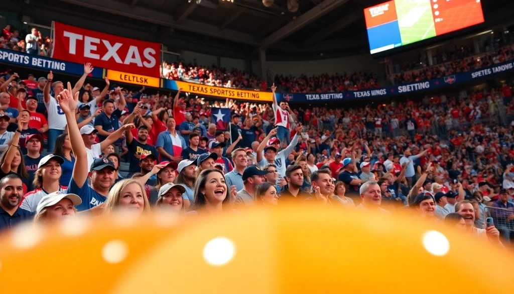 Exciting atmosphere of Texas sports betting with enthusiastic fans at a stadium.