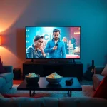 Enjoying filmes online subtitrate in a cozy home cinema setting with popcorn and a big screen TV.