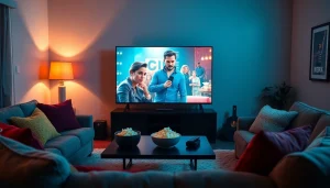 Enjoying filmes online subtitrate in a cozy home cinema setting with popcorn and a big screen TV.