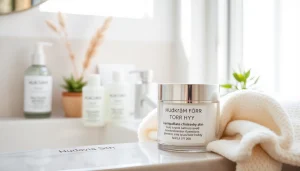 Kvalitetsansiktskräm för torr hud, med hudkräm för torr hy som visas på en stilren badrumsbänk.