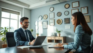 Superfund accountant consulting clients with financial charts in a professional office.