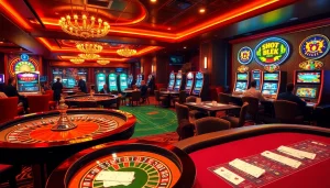 Thabet casino gaming scene with vibrant slot machines and poker tables.