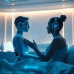 AI sex companion in a futuristic romantic setting, illustrating emotional interaction with advanced technology.