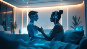AI sex companion in a futuristic romantic setting, illustrating emotional interaction with advanced technology.