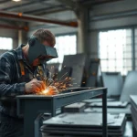 Creating custom steel fabrication in a professional workshop highlighting skilled craftsmanship.