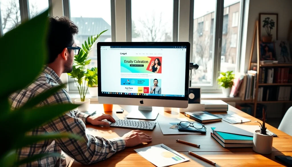 A designer customizing alterable email templates in a bright workspace with design elements.