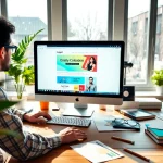 A designer customizing alterable email templates in a bright workspace with design elements.