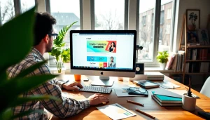 A designer customizing alterable email templates in a bright workspace with design elements.