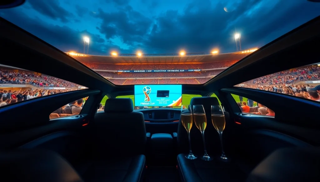 World Cup Group Transportation in a luxury limousine outside a stadium, showcasing celebration and comfort.